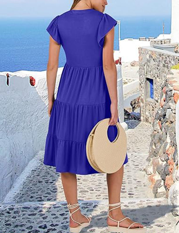 Royal Blue V Neck Ruffled Sleeves Pocketed Midi Dress
