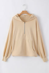 Parchment Solid Kangaroo Pocket Half Zipper Oversized Hoodie