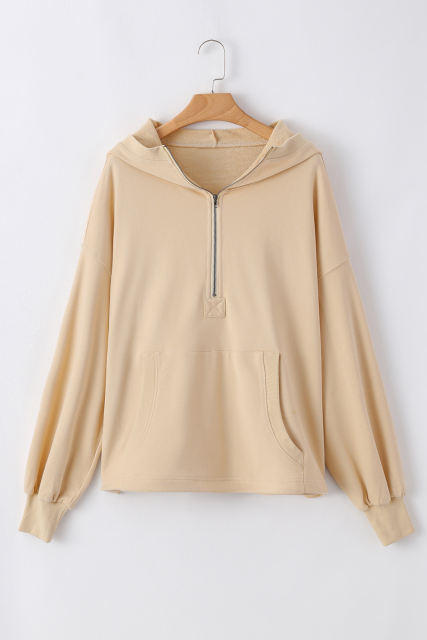Parchment Solid Kangaroo Pocket Half Zipper Oversized Hoodie