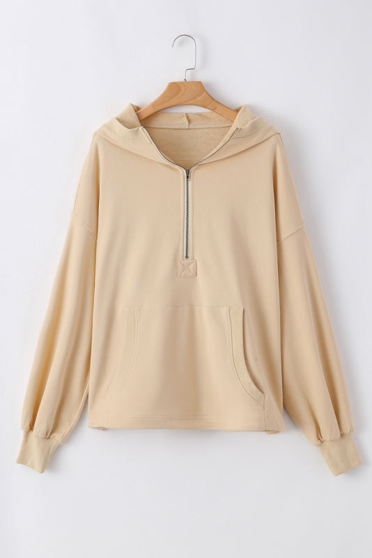 Parchment Solid Kangaroo Pocket Half Zipper Oversized Hoodie