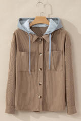 Pale Khaki Hooded Drawstring Pockets Corduroy Shacket