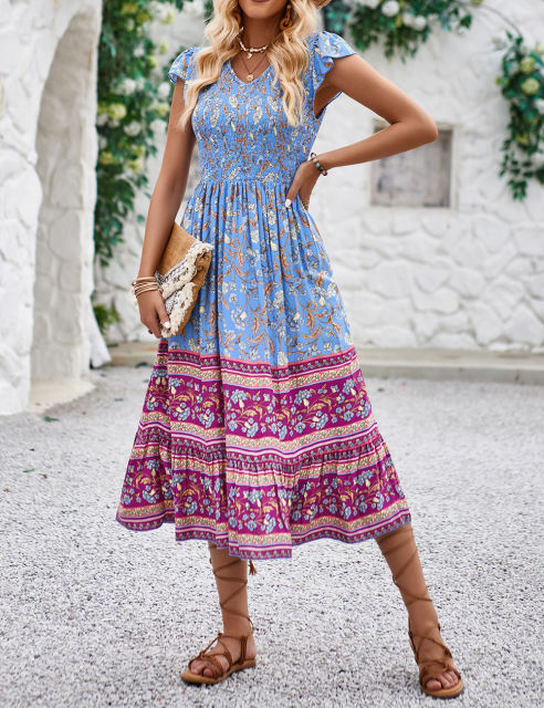 Blue Boho Floral Splicing Pleated Ruffled Trim Long Dress