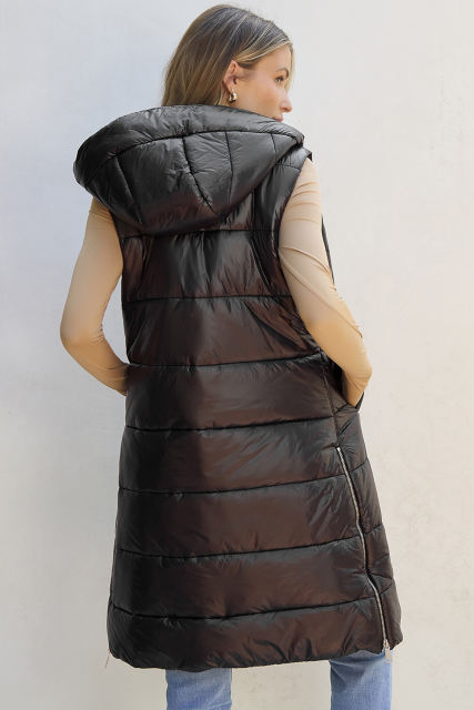 Black Hooded Long Quilted Vest Coat