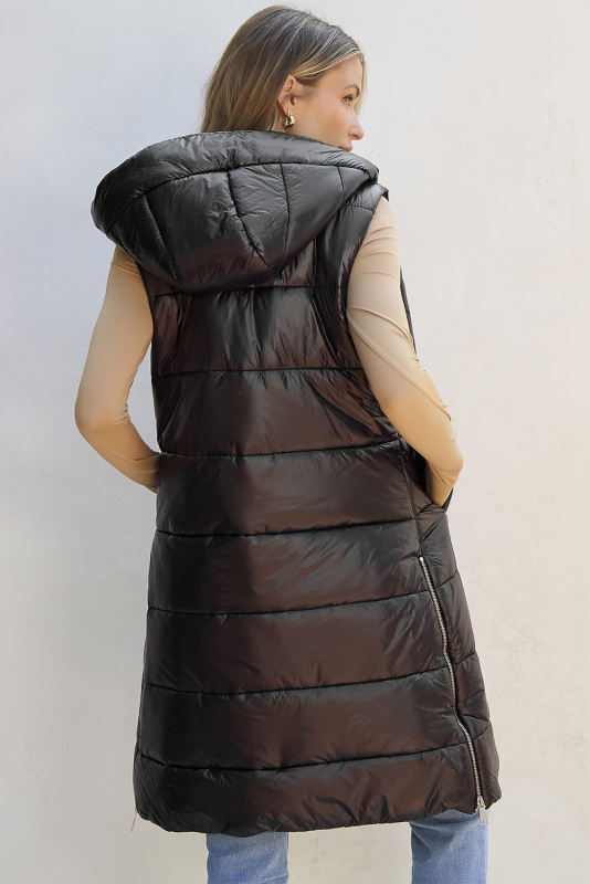 Black Hooded Long Quilted Vest Coat