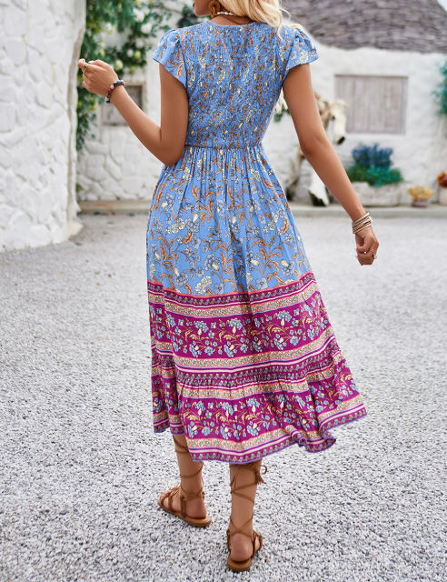 Blue Boho Floral Splicing Pleated Ruffled Trim Long Dress