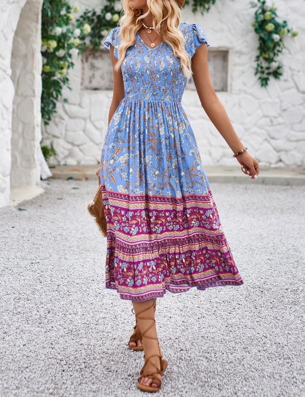 Blue Boho Floral Splicing Pleated Ruffled Trim Long Dress