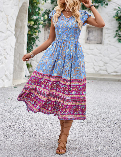 Blue Boho Floral Splicing Pleated Ruffled Trim Long Dress