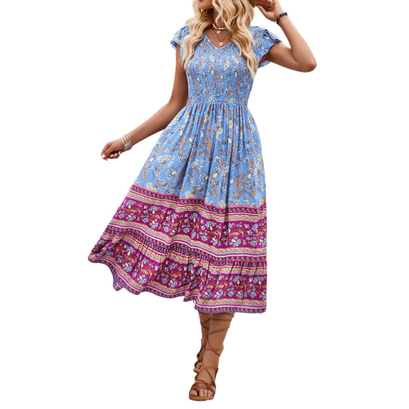 Blue Boho Floral Splicing Pleated Ruffled Trim Long Dress
