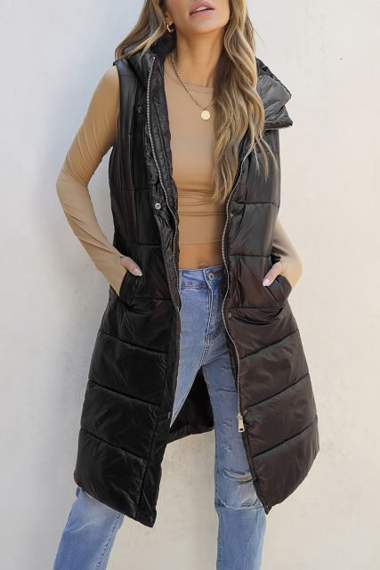Black Hooded Long Quilted Vest Coat