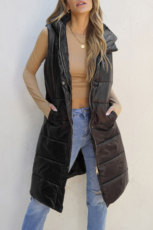 Black Hooded Long Quilted Vest Coat