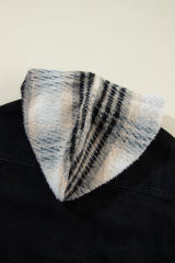 Black Plaid Sleeve Frayed Hem Hooded Denim Jacket