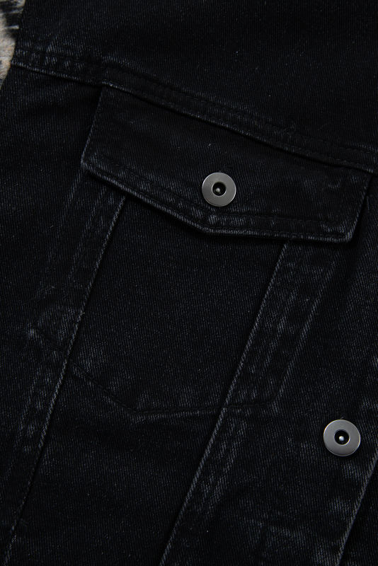 Black Plaid Sleeve Frayed Hem Hooded Denim Jacket