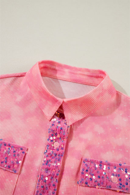 Apricot Pink Mineral Wash Sequin Patchwork Flap Pocket Shacket
