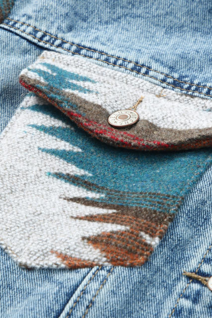 Multicolor Aztec Print Frayed Hem Denim Jacket
