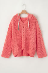 Gold Flame Cable Knit V Neck Contrast Drawstring Hooded Sweater