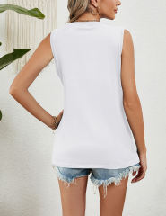 White Sleeveless Round Neck Pleated Tank Top