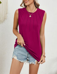 Purplish Red Sleeveless Round Neck Pleated Tank Top