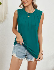 Peacock Blue Sleeveless Round Neck Pleated Tank Top