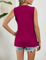 Purplish Red Sleeveless Round Neck Pleated Tank Top