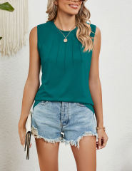 Peacock Blue Sleeveless Round Neck Pleated Tank Top