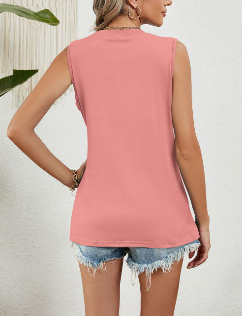 Pink Sleeveless Round Neck Pleated Tank Top