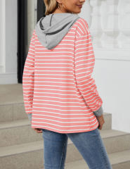 Pink Striped Contrast Button-up Drawstring Hoodie
