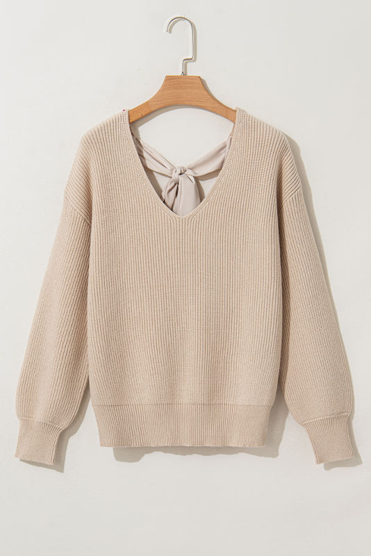 Apricot Lantern Sleeve V Neck Knot Back Sweater