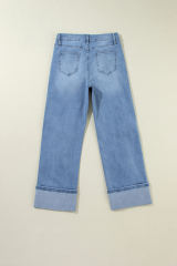 Dusk Blue High Rise Asymmetric Button Zip Fly Ripped Jeans