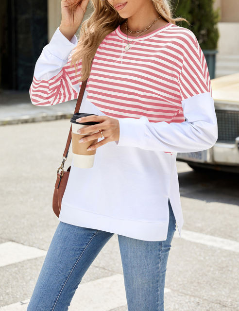 Pink Striped Splicing Long Sleeve Sweatshirt