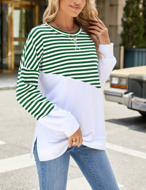 Green Striped Splicing Side Slits Long Sleeve Sweatshirt