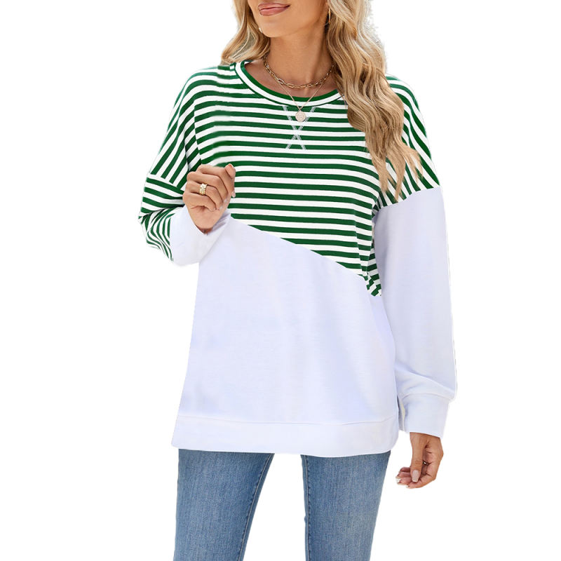 Green Striped Splicing Side Slits Long Sleeve Sweatshirt