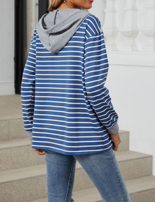 Blue Striped Contrast Button-up Drawstring Hoodie