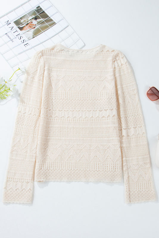 White Geometric Lace Buttoned Decor Long Sleeve Blouse