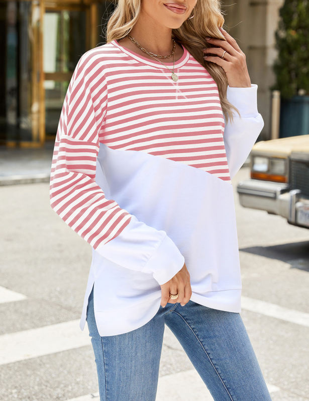 Pink Striped Splicing Long Sleeve Sweatshirt