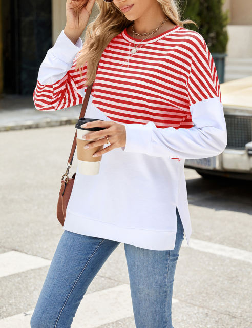 Red Striped Splicing Long Sleeve Sweatshirt