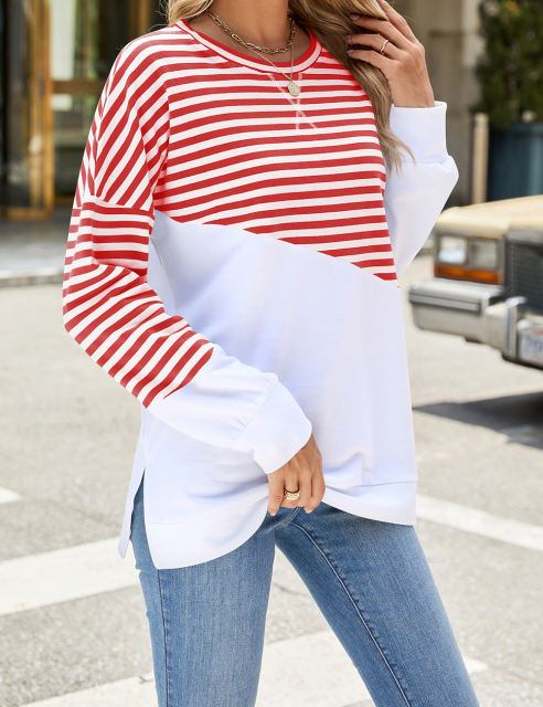 Red Striped Splicing Long Sleeve Sweatshirt