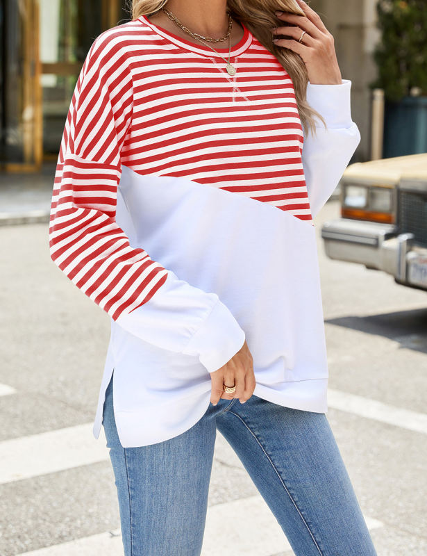 Red Striped Splicing Long Sleeve Sweatshirt