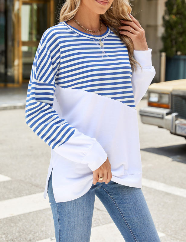 Blue Striped Splicing Side Slits Long Sleeve Sweatshirt
