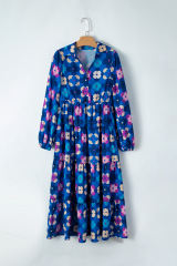 Blue Floral Peasant Sleeve Tiered Ruffle Midi Dress