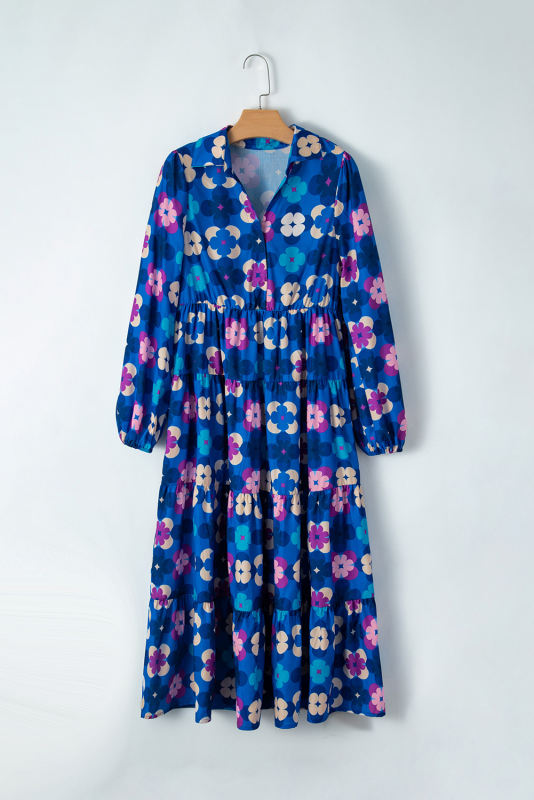 Blue Floral Peasant Sleeve Tiered Ruffle Midi Dress