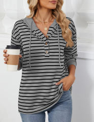 Light Gray Striped Contrast Button-up Drawstring Hoodie