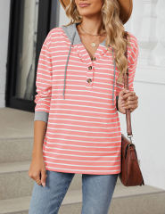 Pink Striped Contrast Button-up Drawstring Hoodie