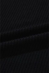 Black Ribbed Knit Buttoned Collared Roll Tab Sleeve Plus Size Mini Dress