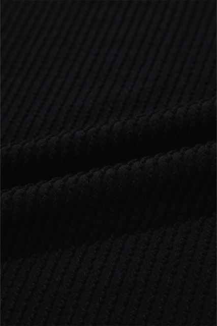 Black Ribbed Knit Buttoned Collared Roll Tab Sleeve Plus Size Mini Dress