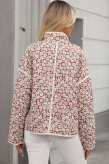 Pink Floral Print Contrast Edge Stand Neck Coat