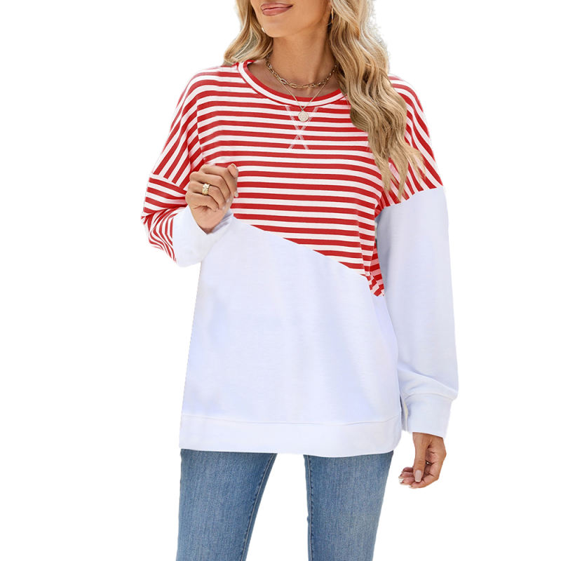 Red Striped Splicing Long Sleeve Sweatshirt