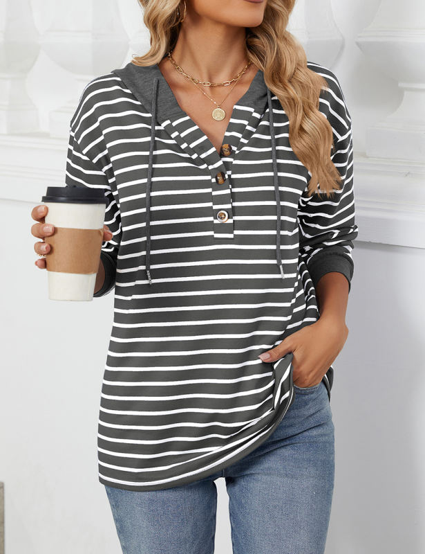 Dark Gray Striped Contrast Button-up Drawstring Hoodie