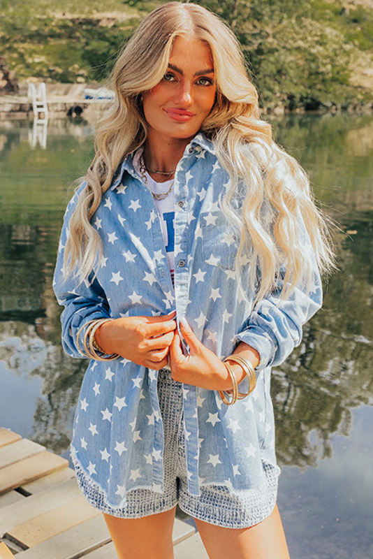 Sky Blue Star Print Light Wash Raw Hem Denim Jacket
