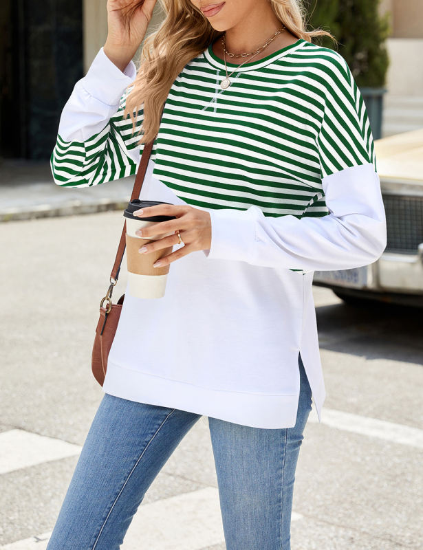 Green Striped Splicing Side Slits Long Sleeve Sweatshirt