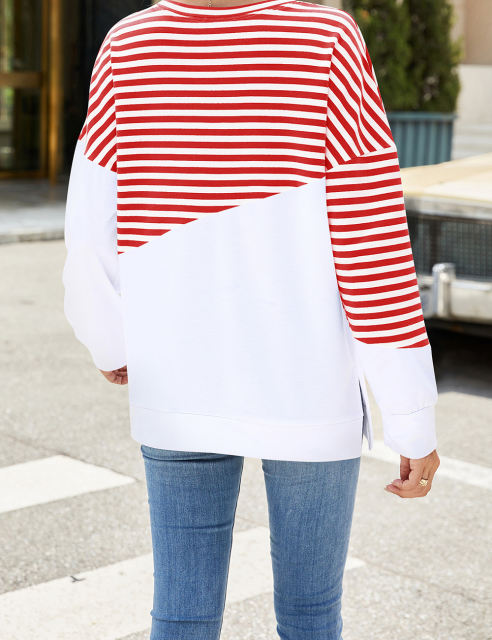 Red Striped Splicing Long Sleeve Sweatshirt